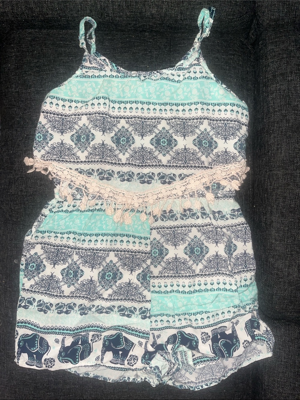 Blue & White Elephant Print Tassel Romper
